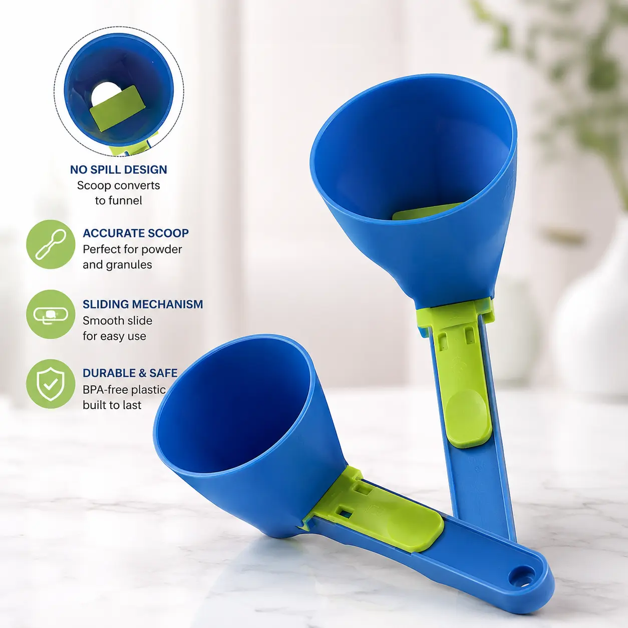 1 Count Plastic Powder Measuring Scoop with Sliding Convertible Funnel, No Spill Design for Dry Powder Transfer in Daily Kitchen Use