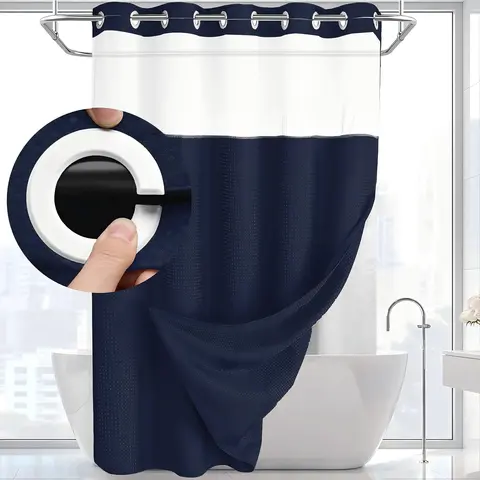 72x75in No Hook Shower Curtain - Hookless Double-Layer Waffle Fabric with Fragrance, Waterproof Liner, Washable, Printable, Customizable Bathroom Decor Accessory for Home Supplies, No Hook Shower Curtains