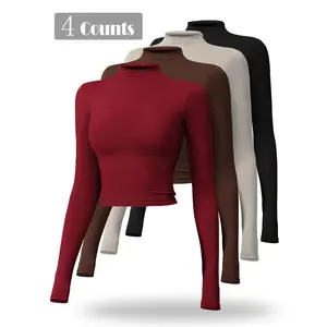 Women's Solid Mock Neck Sports Tee, Quick Drying Breathable Long Sleeve T-shirt for Yoga Gym Workout, Ladies Sportswear for Fall & Winter, Gym Wear, Casual Workout Tops