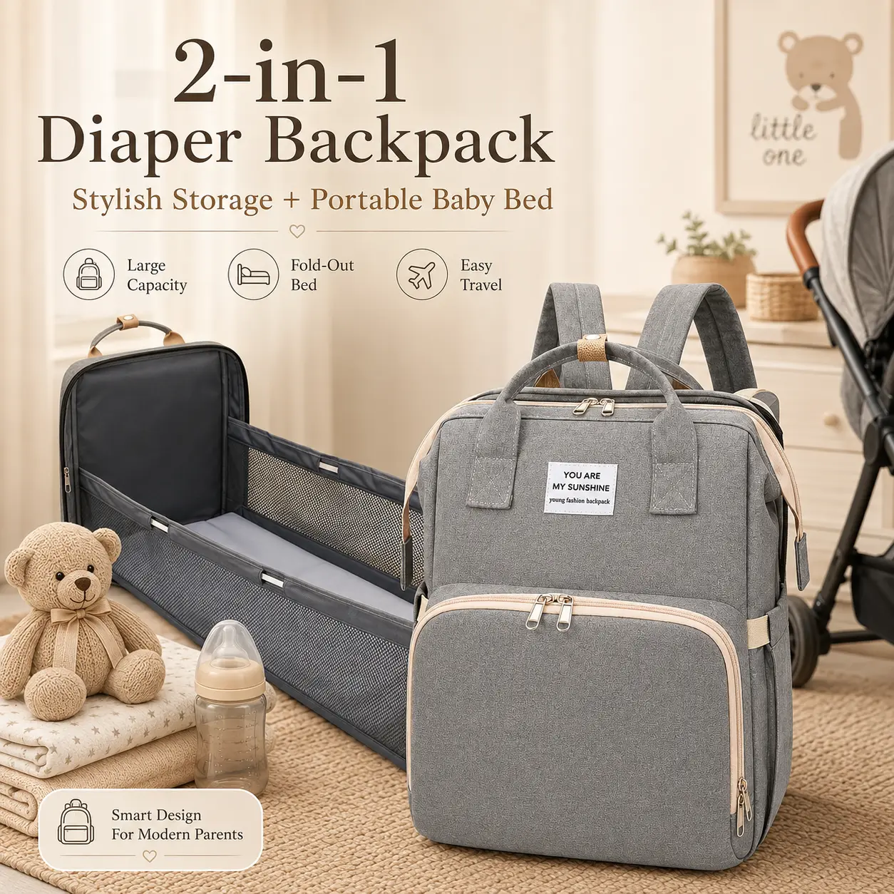 Portable folding bed bag, lightweight baby crib for mothers on the go, multifunctional large-capacity backpack for mother and baby