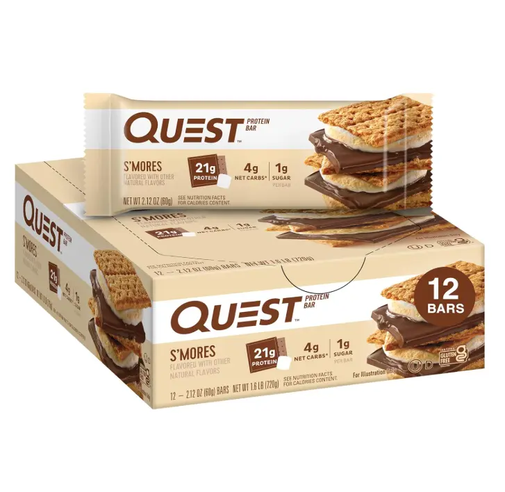 Quest Nutrition S'mores Protein Bars, 21g Protein, 1g Sugar, 4g Net Carb, Gluten Free, Keto Friendly, 12 Count