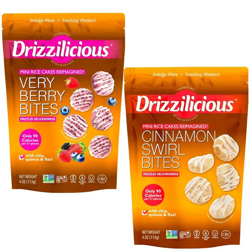 Drizzilicious Very Berry & Cinnamon Swirl Flavors Mini Rice Cakes Duo Pack Vegan Gluten-Free Non-GMO Allergen-Free 90 Calories Per Serving Crunchy Snack 4 oz Bags Pack of 2