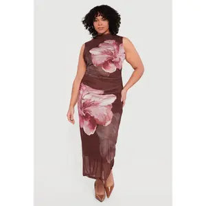 Plus Size Floral Mesh Overlay Side Ruched Maxi Dress