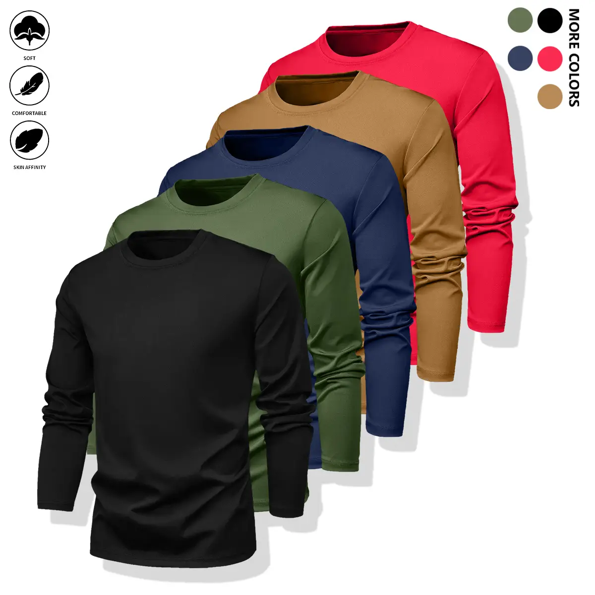 Pack of 5 Men's Long Sleeve Crew Neck Shirts, Quick Dry Tops, Gym Workout Shirt, Casual Outdoor Activewear, Solid Color Long Sleeve Fitness T-Shirt, Moisture Wicking & Form Fitting Top, Gym Long Sleeve Tee mens  clothing clothes  wholesale