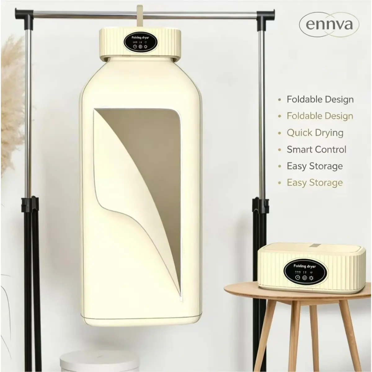 TIRIVO Portable Mini Foldable Electric Clothes & Shoe Dryer - 600W Power, 8-hour Timer, 45-decibel Silent Mode, Antibacterial, Energy-saving, Adjustable, Metal Hanger, Small Footprint - Suitable for Travel, Apartment Use, Students/Dorms