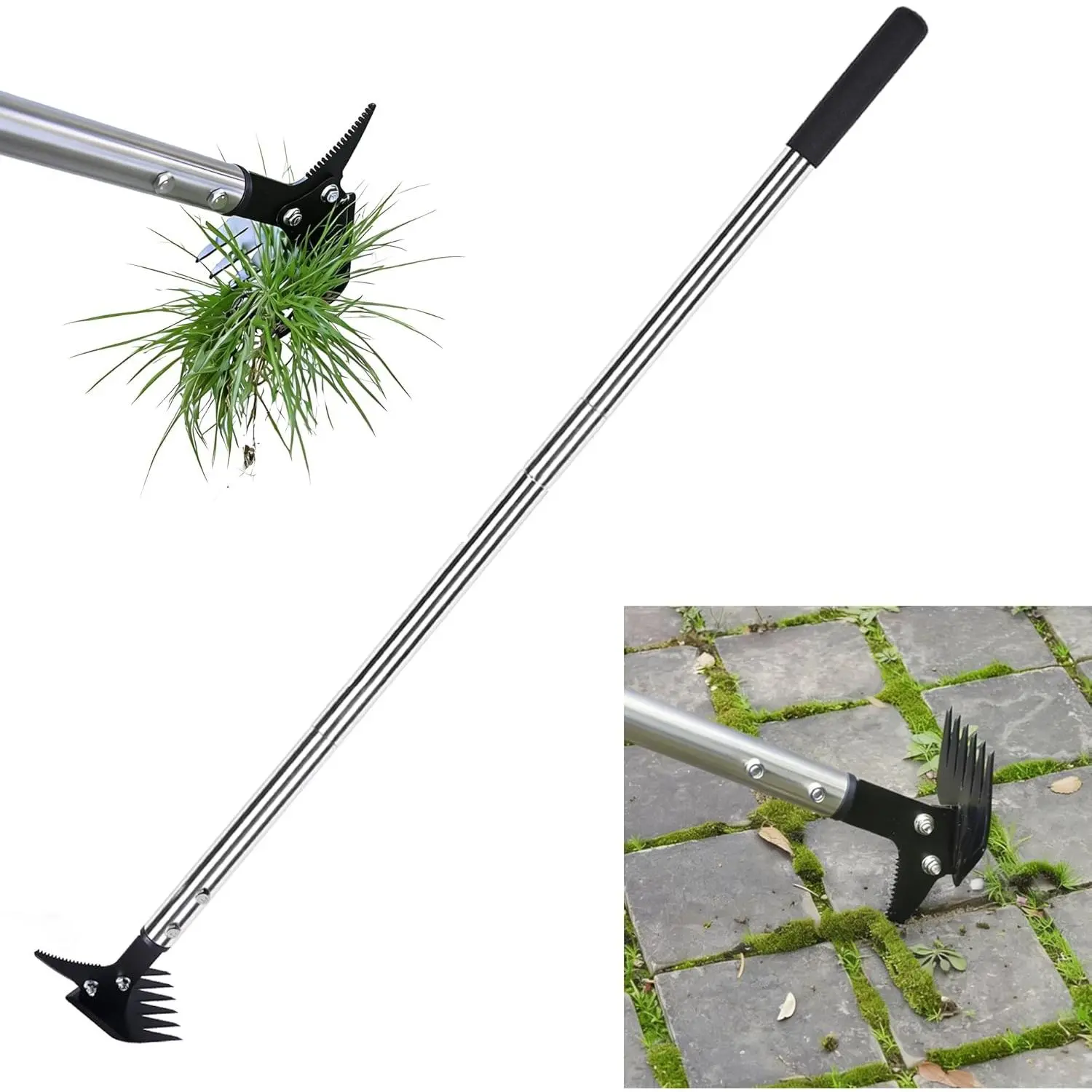 Weed Puller 61" Adjustable Long Handle, 2-in-1 Weed Rake & Crack Weeder with Detachable , Stainless Steel Weeding Tool for Lawn, Yard, Garden & Sidewalk Cracks, Weed Remover