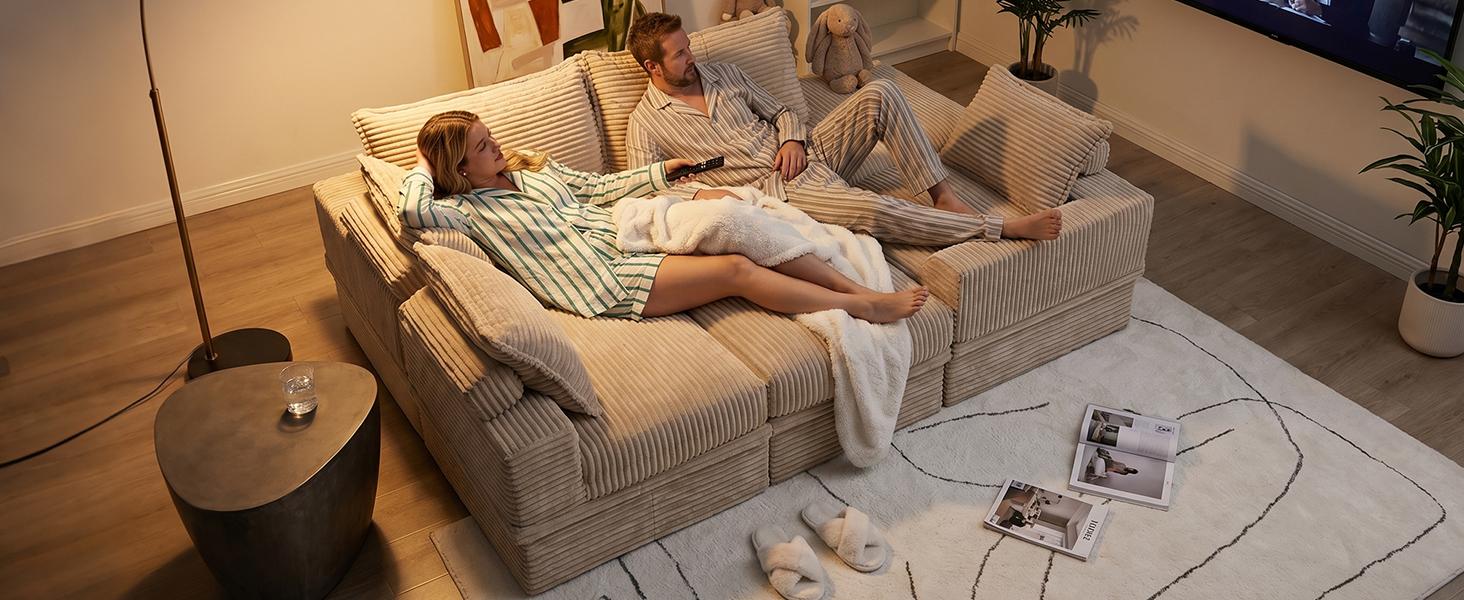 Beige 107in U-Shaped Modular Sectional Couch - 3-Seater Boneless Floor Sofa, The Cloud Couch, Cloud Sectional, Deep Seat Corduroy Sofas Living Room, Hidden Storage, Movable Ottomans, High Back Support, No Assembly, 2-Pack Ship, Curved Indoor Furniture