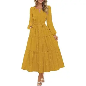 MEROKEETY Women's Fall Long Sleeve Maxi Dress 2025 Boho Ruffle Tiered Swiss Dots Wedding Guest Cocktail Long Dresses