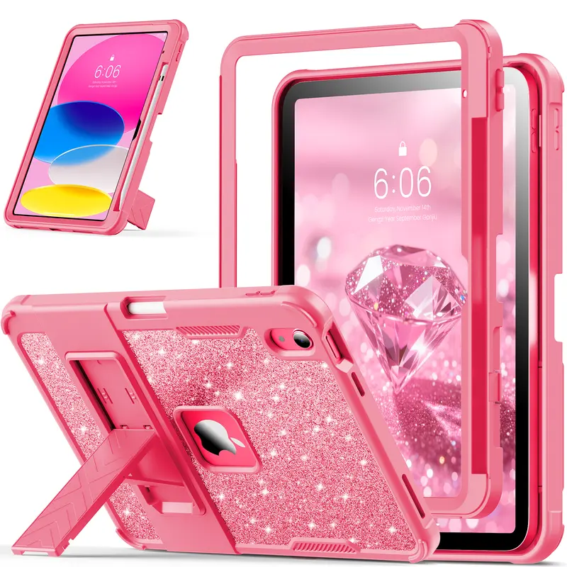 INFILAND Honeyhug Cute Glitter Tablet Cover - Dual-Layer Heavy-Duty Shockproof Casing, Sparkly Back, Kickstand, Protection Accessory for Daughters, Back-to-School, Exact Fit for iPad/Galaxy Tab (Check Model Options)