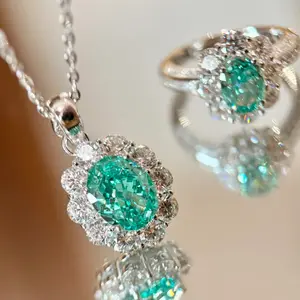 Romantic Minty Paraiba Pendant Necklace & Tanzanite Blue Ring Set for Women with Diamond Accents Elegant Jewelry Gift