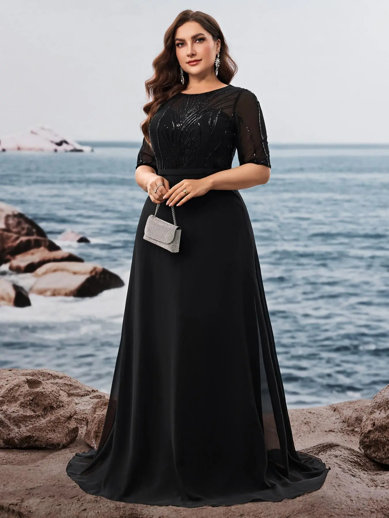 Large size mesh splicing sequins decorated Formal Evening dinner dress dress, fashion party dress, Fitted slim effect is good, suitable for special occasions and night out, Formal Wear
