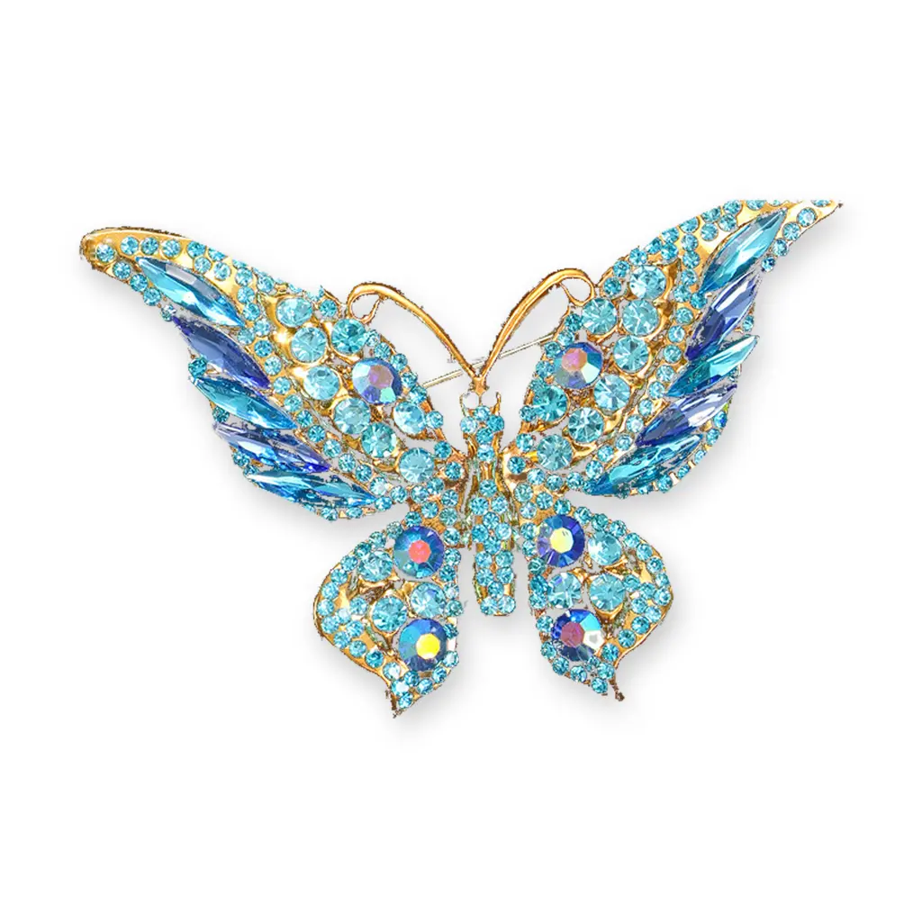 Blue Rhinestone Butterfly Brooch Pin, Large Statement Jewelry for Women
