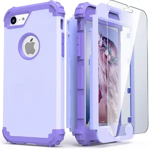IDweel for iPhone 8 Case & for iPhone 7 Case with Screen Protector (Tempered Glass),3 in 1 Shockproof Hybrid Heavy Duty Hard PC Cover Soft Silicone Sturdy Bumper Full Body Sturdy Case, Purple
