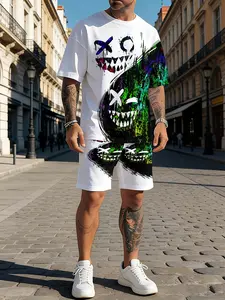 Men's 3D emoji print color-blocked casual and stylish two-piece set, featuring a summer sporty crew neck short-sleeved top and drawstring shorts, suitable for outdoor and street wear.
