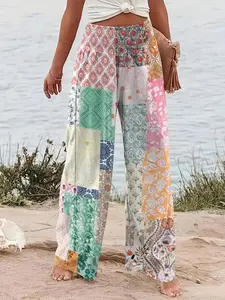 Plus Size Patchwork Print Plicated Shirred Wide Leg Pants, Casual Lounge Pants, Boho Casual High Waist Trousers, Casual Bohemian Trousers for Daily Vacation Holiday Wear, Women's Bottoms for All Seasons