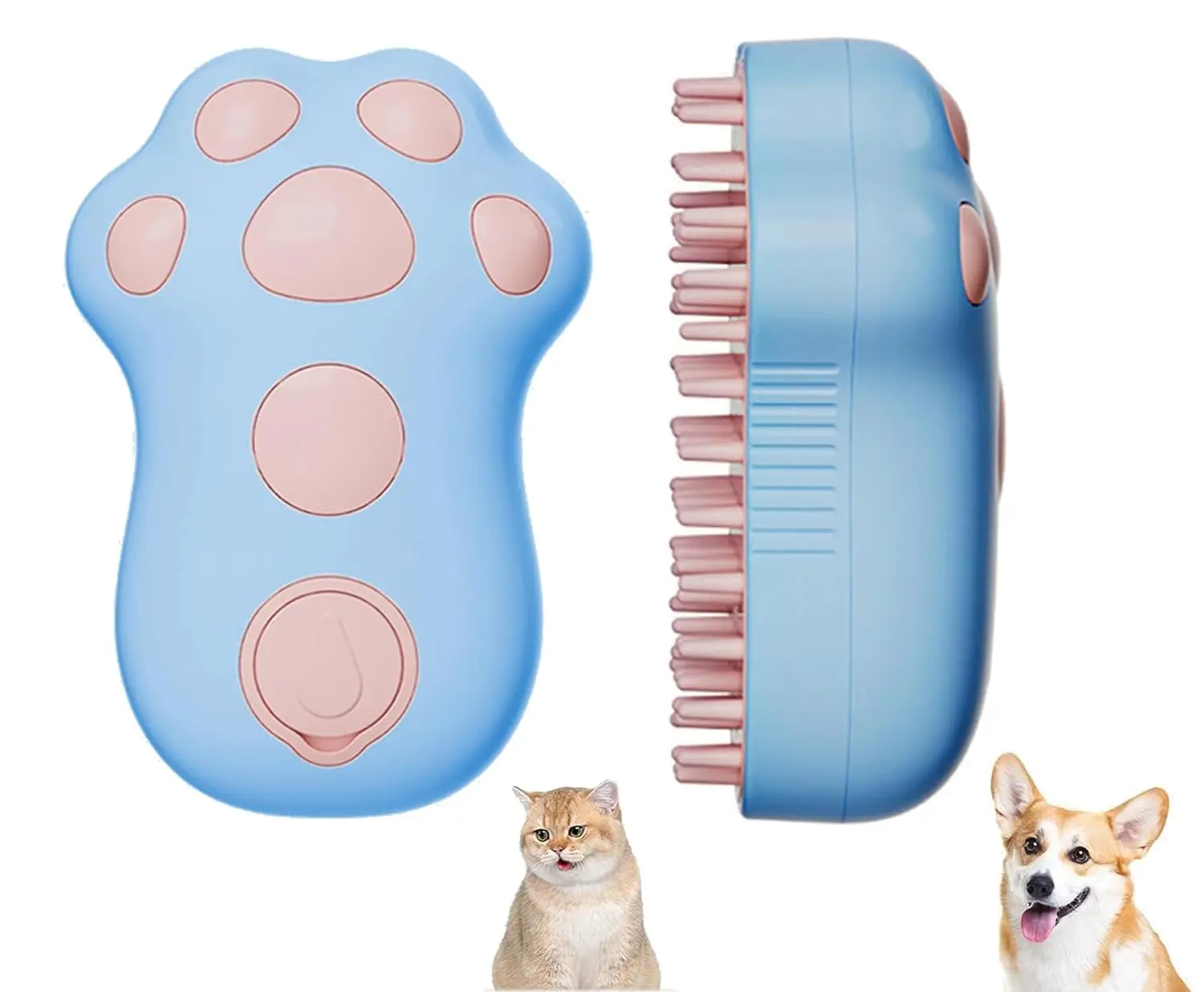Paw Shape Steamy Cat Brush, Electric Steam Cat Grooming Brush, Reusable Water Tank Self Cleaning Pet Steamer Brush for Dog Cat Massage, Shedding Hair Removal Comb, Wet Bath Grooming Tool, Blue