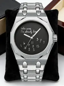 Men's Quartz Watch, Round Dial Design, Stainless Steel Strap, Graffiti Number Pattern, Casual Fashion, All Seasons, Perfect Gift, Quartz Wristwatch, Fashionable Wristwatch