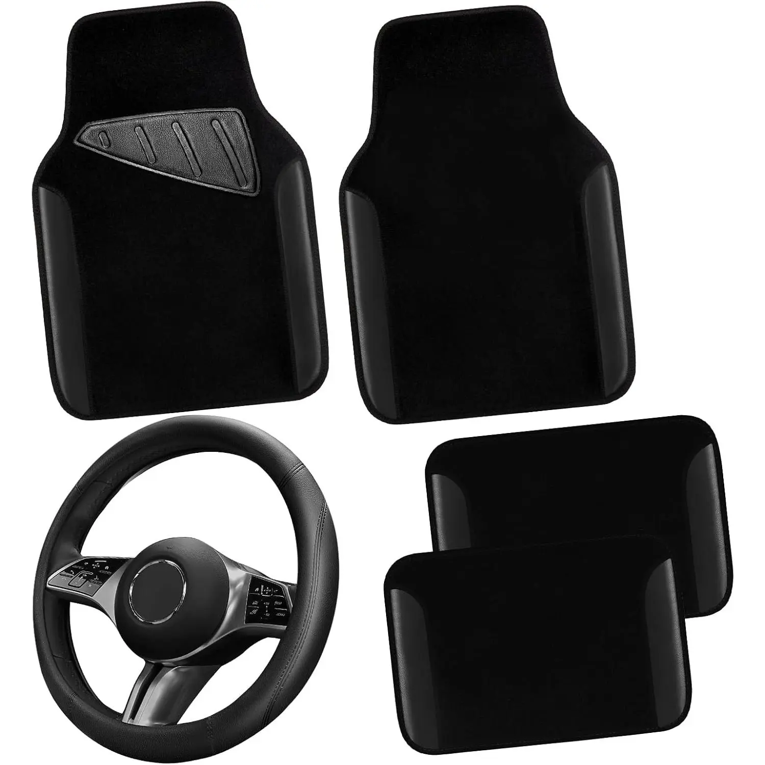 Suitable for 95% of cars, SUVs, and vehicles CAR PASS microfiber leather steering wheel cover and waterproof car floor mats universal combination suitable for 14.5-15inch non-slip safe comfortable faux leather design (pure black)