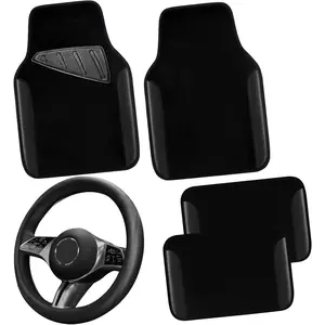 Suitable for 95% of cars, SUVs, and vehicles CAR PASS microfiber leather steering wheel cover and waterproof car floor mats universal combination suitable for 14.5-15inch non-slip safe comfortable faux leather design (pure black)
