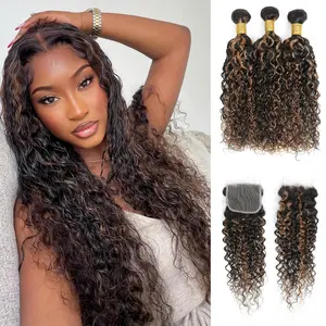 [Start from $37.99] ALHER Highlight Honey Blonde Bundles With 4x4 HD Lace Closure F1B/30 Water Wave Human Hair Bundles with 13x4 Frontal Ear to Ear，12A Curly Hair Extension Ombre Full 1/3 Bundles 100% Brazilian Unprocessed Virgin Human Hair