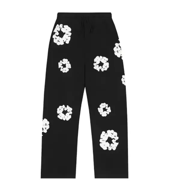 Tears Black Floral Print Sweatpants, Streetwear Cotton Fleece Pants, Relaxed Fit Unisex Casual Sweatpants