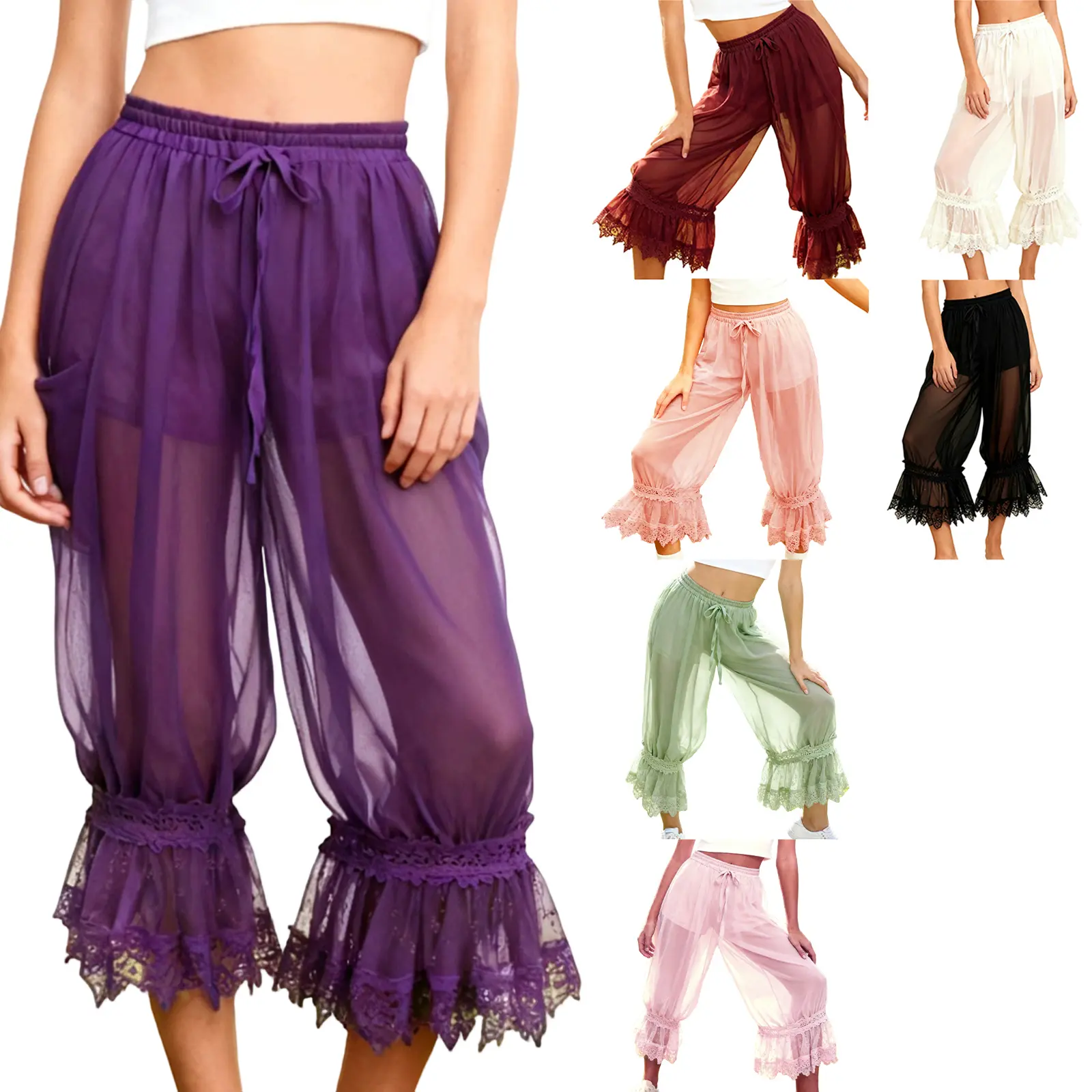 Women Long Bloomer Pants Lace Patchwork Drawstring Elastic Waist Victorian Capri Pants Lounge Pettipants