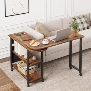 360° Rotating End Table with Charging Station – Swivel Sofa Side Table – Lockable Wheels, Storage Bag, USB Ports – Portable Bedside Table for Living Room or Bedroom – Brown