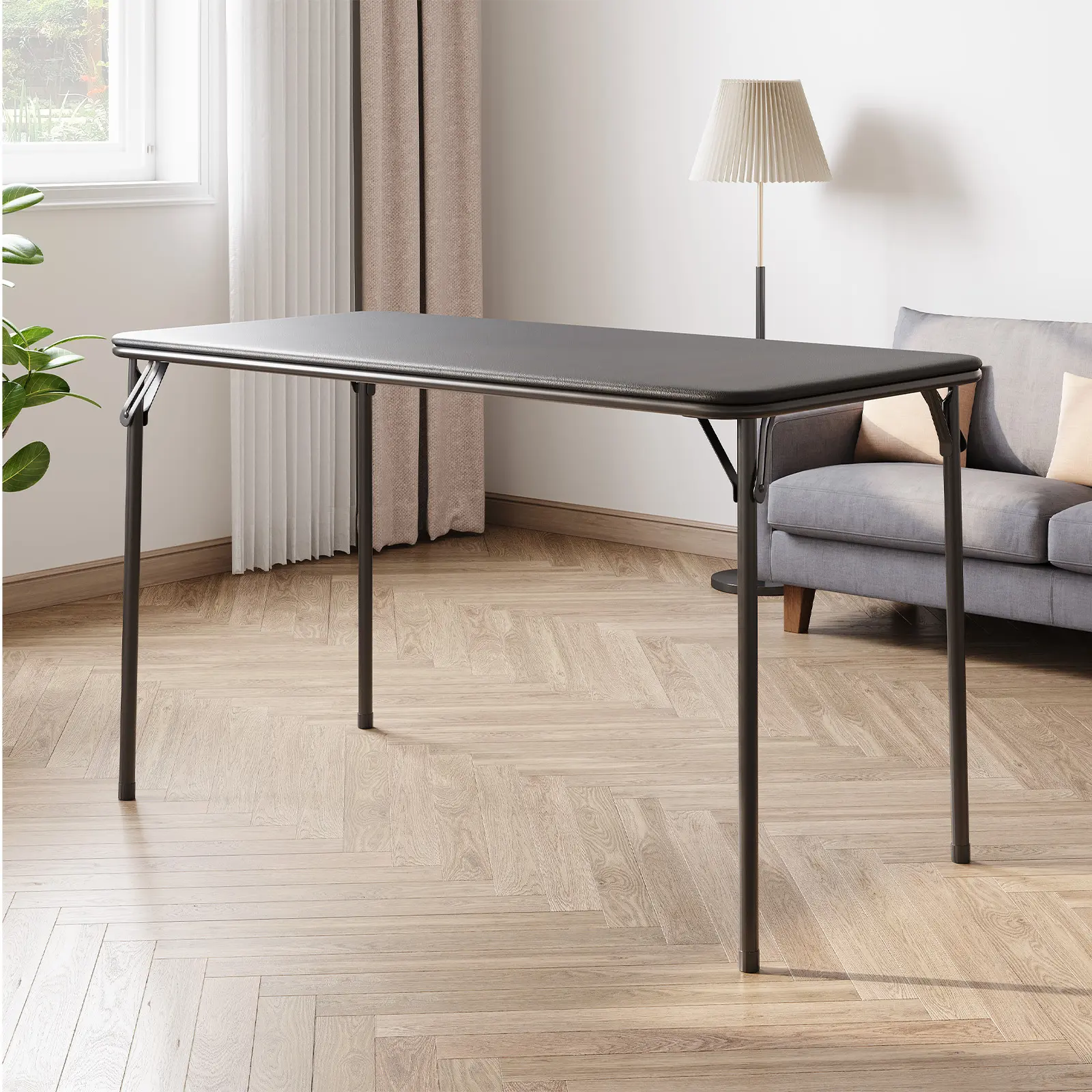 Folding Table 4 Foot, Outdoor Rectangle Foldable Camping Table with Sturdy Metal Frame, PU Leather Upholstered, Portable Folding Desk for Outside, Dining Room, Living Room, Office