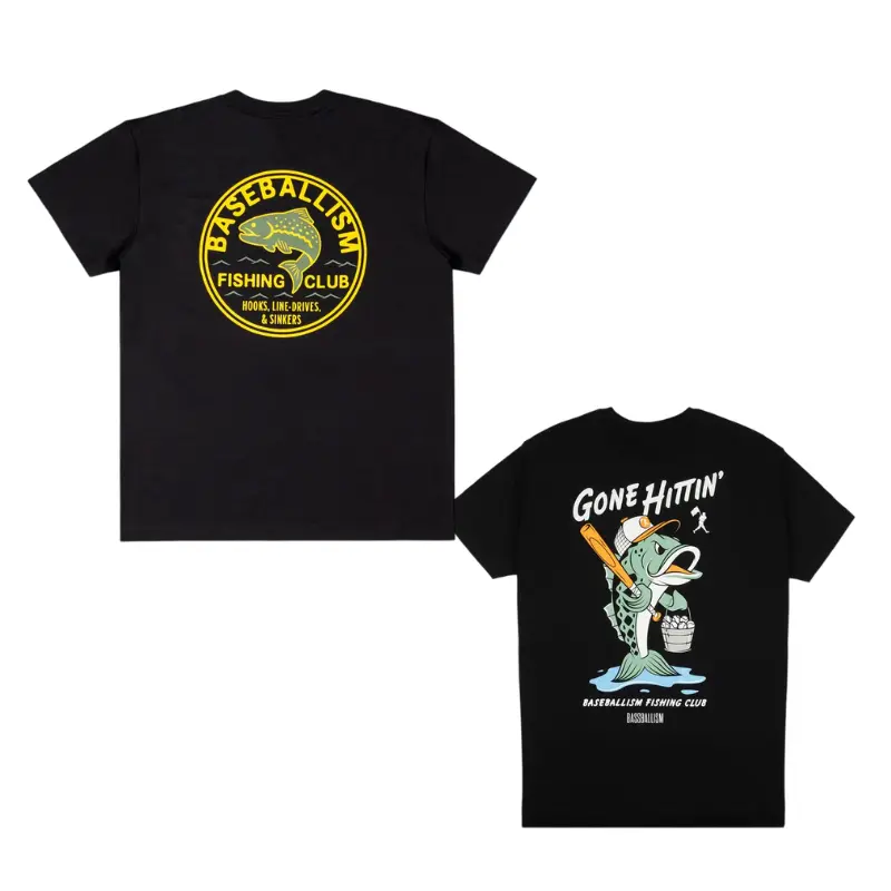 Baseballism Fishing Club Hooks, Line-Drives and Sinkers T-Shirt (Black)