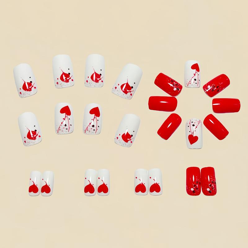 24PCS Valentine’s Day Press On Nails – Red Heart Smudge Design, Medium Long Square Fake Nails, Glossy Solid Color Manicure for Holiday Parties, Date Night & Everyday Wear