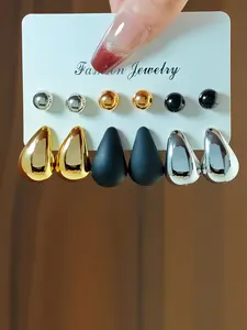 12pcs Round Bead Waterdrop Earrings Set Trendy Classic Punk Style Jewelry Unisex Accessories