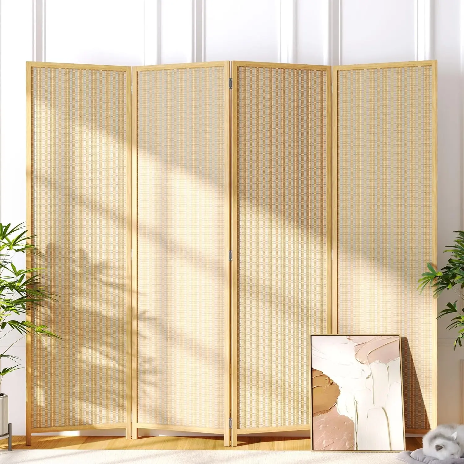 Room Divider 4 Panel Folding Privacy Screen, Woven Bamboo, Wooden | 6 ft. Tall, Extra Wide, Japanese style, Freestanding partition wall, Room Separator, No assembly, Bedroom, office 71"H 80"W