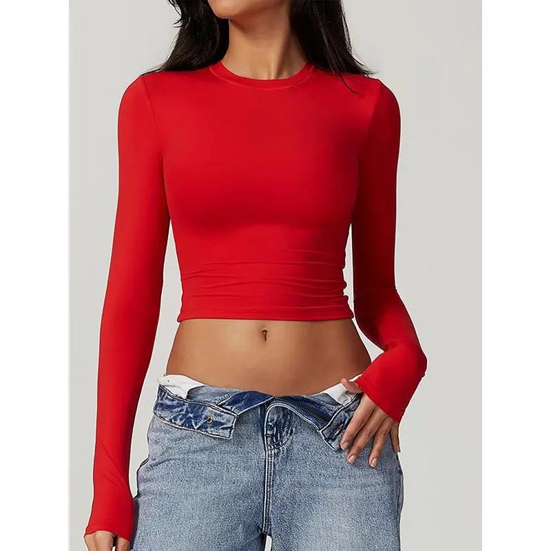 Women's Compression Gym Tee, Solid Long Sleeve Jersey Elastane Crop Top for Athletic Workouts, Quick-Drying & High Stretch, Gym T Shirts, Activewear Clothing, Athletic Workout Clothing