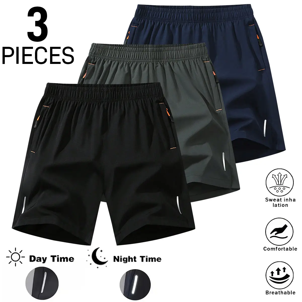 3-pack men’s summer sports shorts with elastic waistband and zippered pockets, solid-color casual shorts suitable for going out, everyday life, sports, fitness, and outdoor activities; men’s shorts, men’s summer shorts, gym, running, workouts