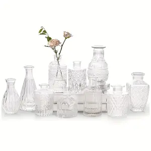 Set of 10 Small Decorative Glass Vases — Desktop Decor & Mini Flower Vases for Rustic Weddings and Home Table Settings