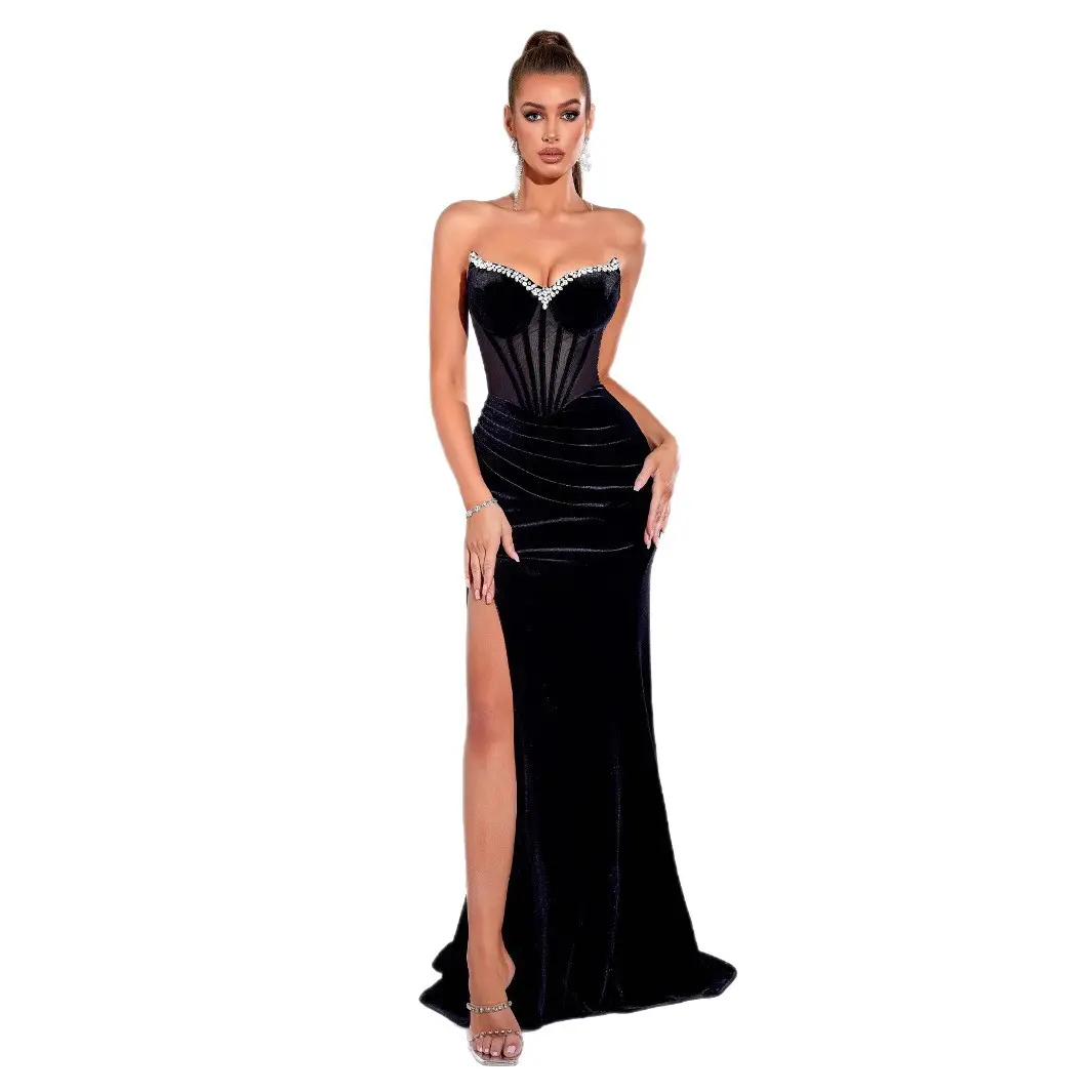 Women's Formal Wedding Evening Party Dresses - Chic Elegant Fit, Sleeveless Strapless Adjustable Strap, Light Luxury Form-Fitting, Retro Flared Lace-Up Bell-Sleeve, Studded Bubble Bottom Taffeta Mesh, Slit Design, White Black Blue Cheetah Rose Styles