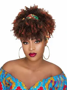 Brown Afro Headband Wig Kinky Curly Headband Wig with Bangs Head-Wrap Wigs 2 in 1 Ombre Afro Puff Wig With Bangs for Women Synthetic Half Wigs