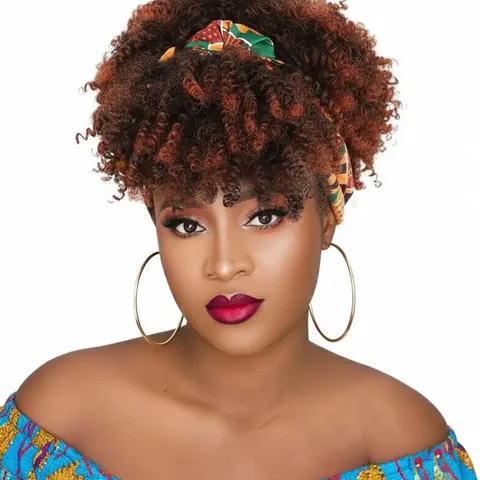 Afro Headband Wig Kinky Curly Headband Wig with Bangs Head-Wrap Wigs 2 in 1 Afro Puff Wig With Bangs for Women Synthetic Half Wigs Synthetic Material Wig