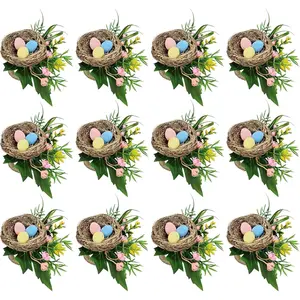 12 Pcs Bird Nest Easter Napkin Rings - Spring Colorful Easter Eggs Napkin Ring Holder - Rattan Farmhouse Tissue Rings for Table Decor Dinner Party Settings