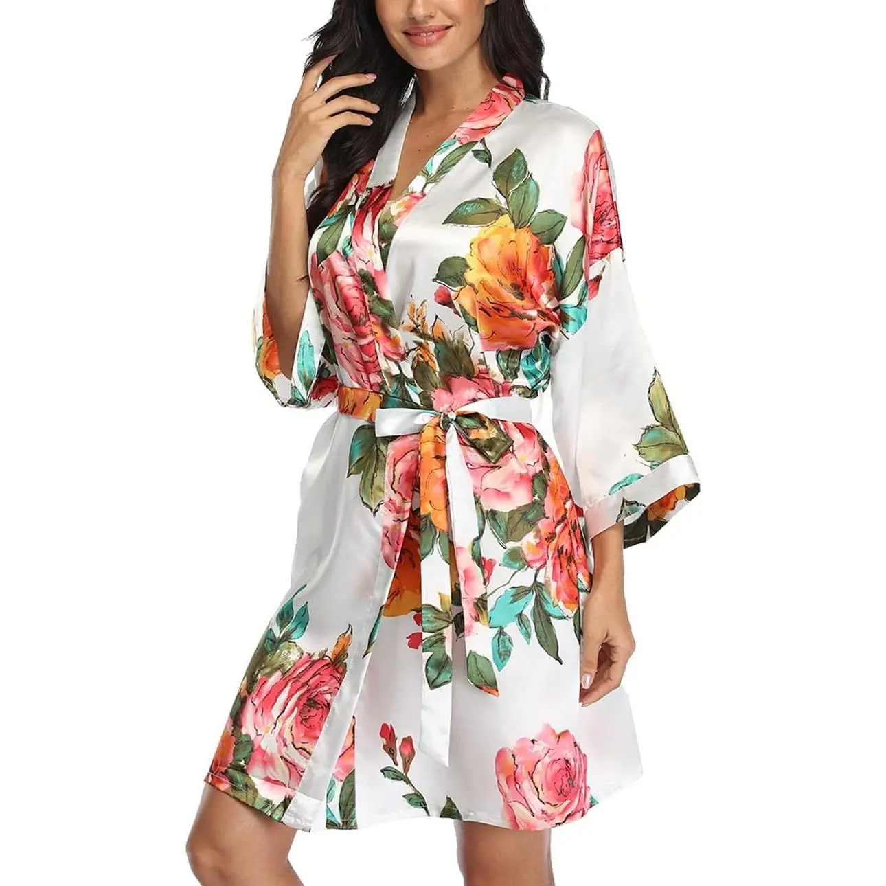 Floral Silk Robes for Women Short Satin Kimono Bride Bridesmaid Robes Bathrobe