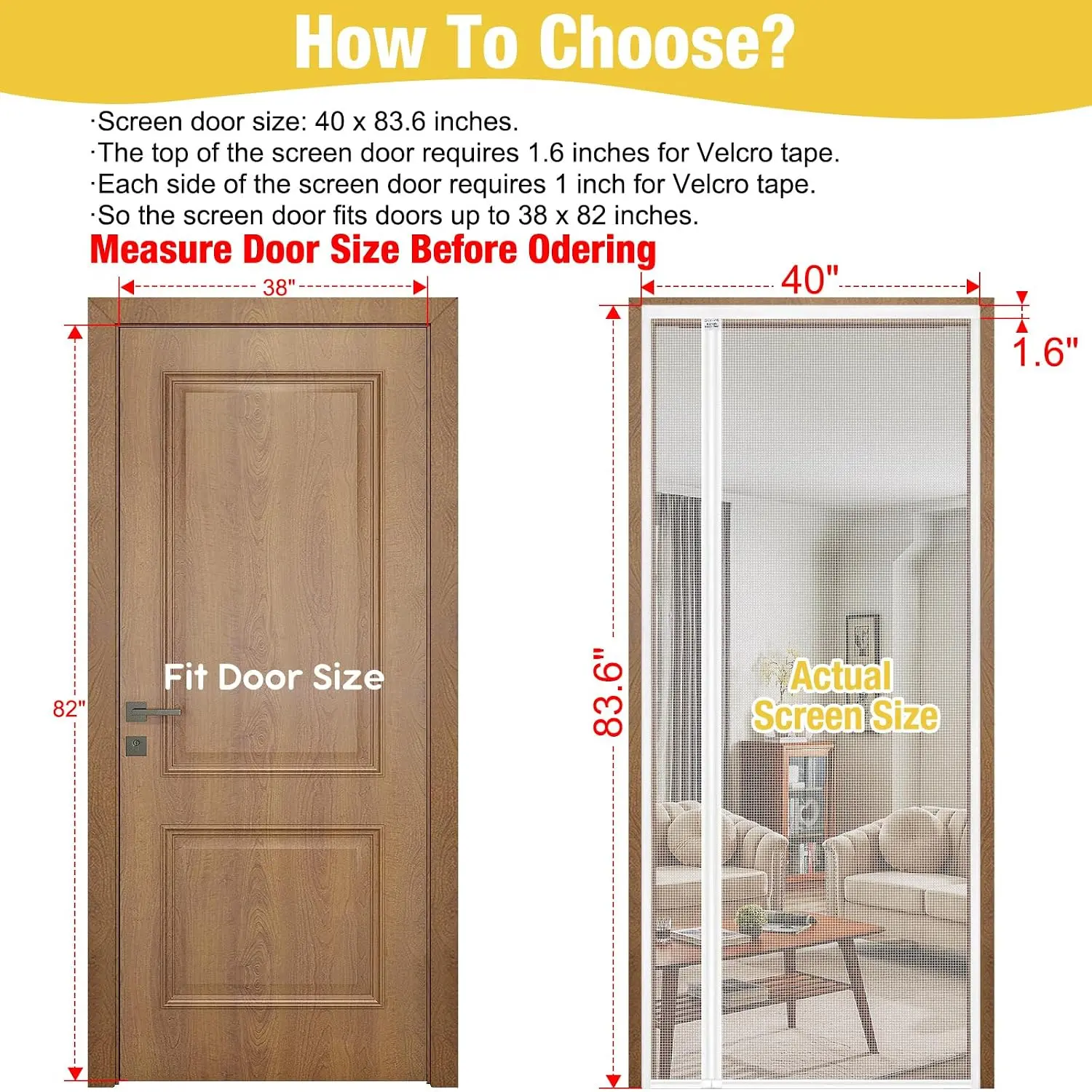 White Reversible Opening Screen Door, Mesh Closure Duty, Fits 38 x 82 Door, Self Closing Fiberglass Bug Net with for Front, Doors, Pet Friendly
