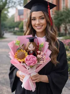 Crochet Graduation Bouquet with Custom 2026 Class Graduate Doll & Flowers, Artificial Decorative Bouquet for Girls' Graduation Celebrations