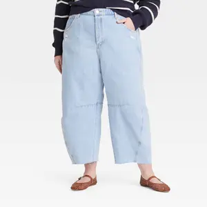 Women's High-Rise Curved Leg Barrel Jeans - Universal Thread Light Blue 8: Heavyweight Denim, Loose Fit, 26" Inseam