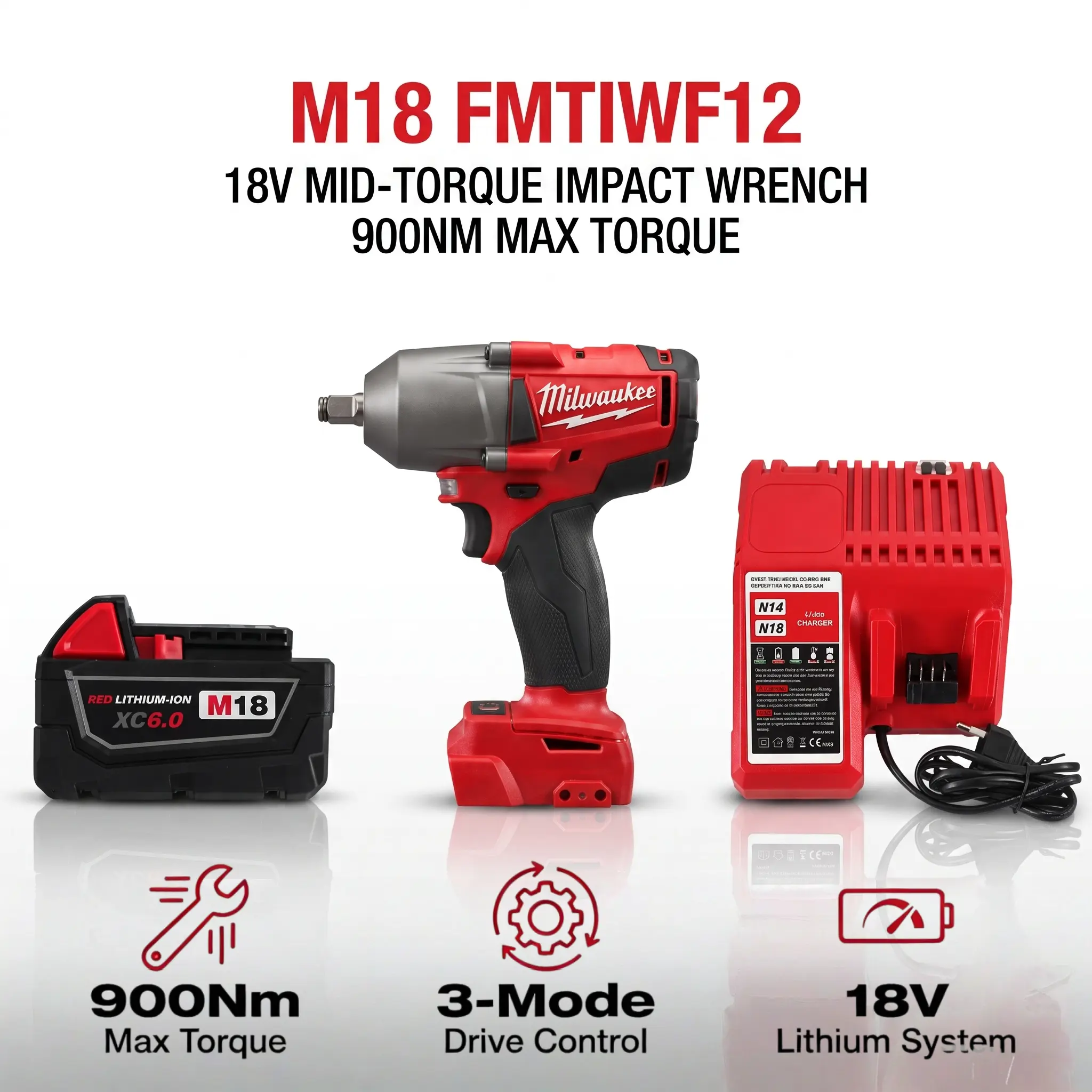 Milwaukee M18 FMTIWF12 1/2" 900Nm High Torque Impact Wrench, Heavy Duty Fastening Tool for Lug Nut Removal, Auto Repair, Truck Maintenance, Garage, Construction and Industrial Workshop Use, Friction Ring Anvil, 4-Speed l, Tool Kit  Included protective