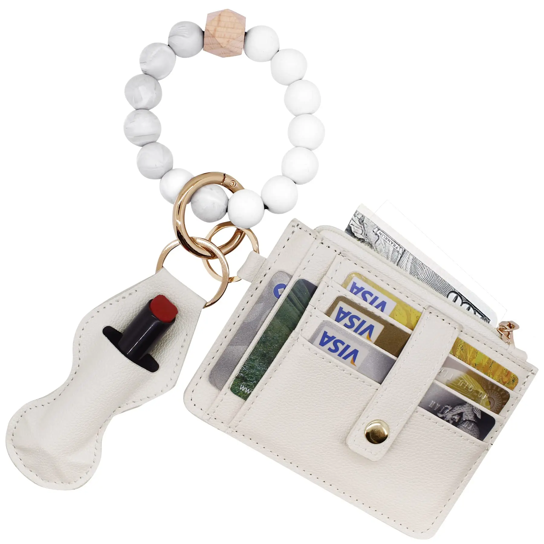 Silicone Key Ring Bracelet For Women Wallet Beaded Wristlet Keychain Elastic Portable House Car Keys Rings Holder With Leather Tassel Lipstick Chain Bangle Keyring