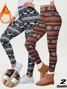 Women's Winter High Waist Plaid Fleece Lined Pants, Elastic Warm Lamb Velvet Nine-Point Leggings, Workout Athletic Leggings, Casual Fashion S-Xxl