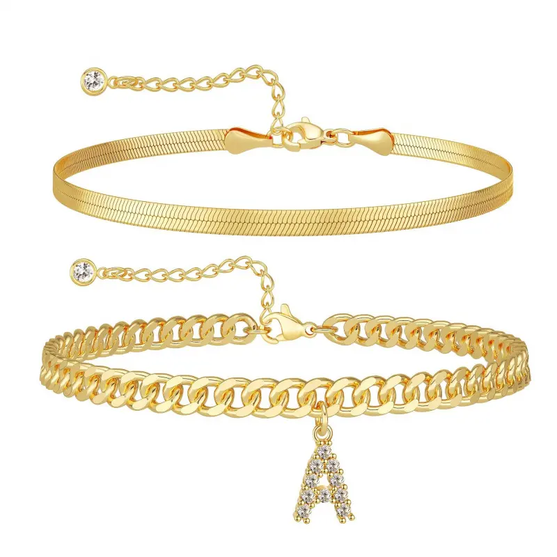 Tarnish-Proof 26-Letter Flat Snake Double-Strand Anklet, Dainty Gold Adjustable Chain Gems Piece with Stones, Stackable Casual Trendy Fashionable Jewelry Accessories, Summer Beach Chain Gift for Girls, Trendy Jewelry