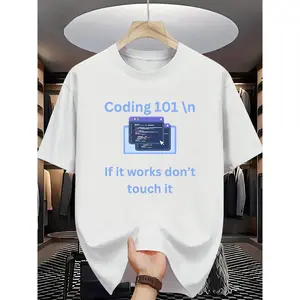 Men' Coding Humor T-Shirt - "Coding 101 If It Works Don't Touch It" Programmer Tee with Code Print, Casual Round Neck Short Sleeve Shirt for Tech Geeks & Software Developers Gift (3-13Y)