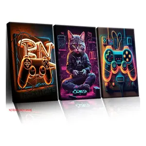 3-Piece Set: Cool Video Game Wall Art, Retro Game Controller, and Cat Canvas Print—Decor for Boys' Bedrooms or Teen Game Rooms, Frameless