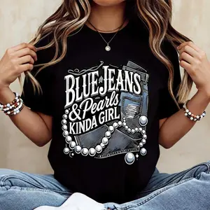 Women's Lady Cotton Printed "Pearls Kinda Girl" Round Neck Short-Sleeve Fitted Sports Top, Casual Streetwear for Everyday Fashion Statement Wear